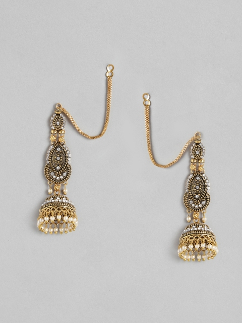 

Anouk Antique Gold-Plated Stone Studded & Beaded Jhumkas with Attached Ear Chain