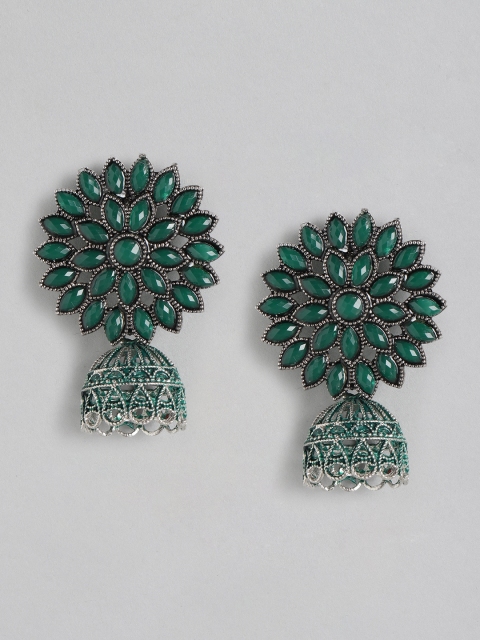 

Anouk Green Silver-Plated Stone Studded Dome Shaped Jhumkas