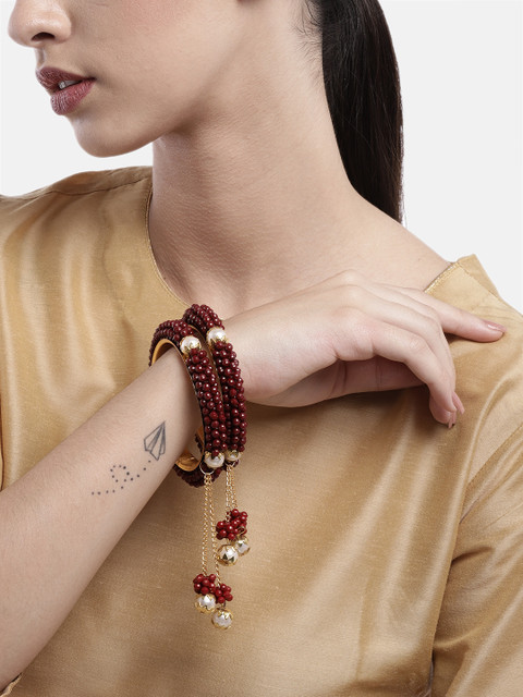 

Anouk Set of 2 Gold-Toned & Maroon Beaded Kada Bangles