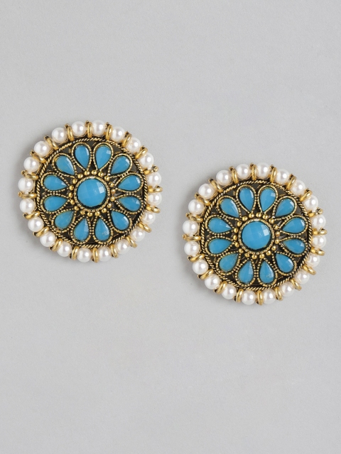 

Anouk Blue & White Antique Gold-Plated Studded & Beaded Circular Oversized Studs