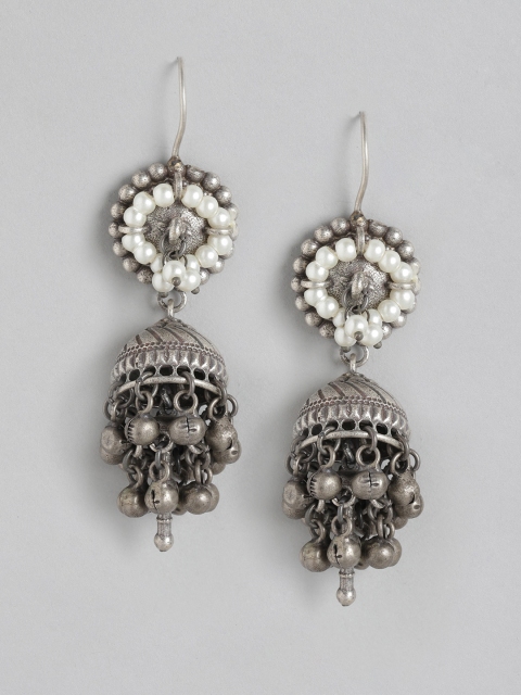 

Anouk Off-White Oxidised Silver-Plated & Beaded Dome Shaped Drop Earrings