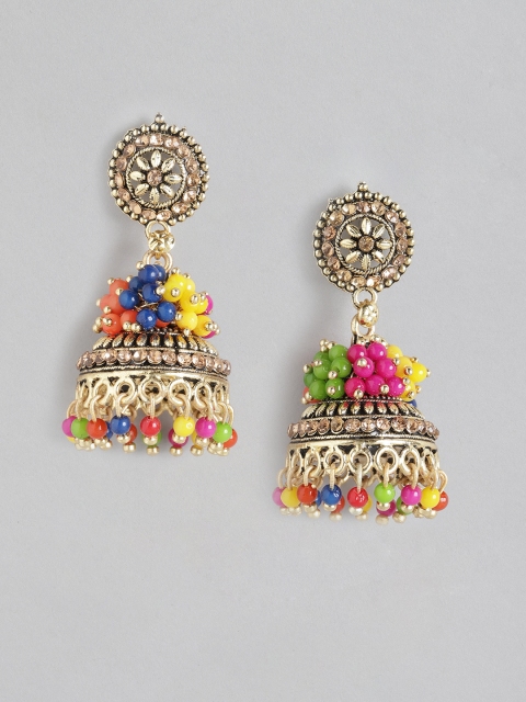 

Anouk Multicoloured Gold-Plated Stone-Studded & Beaded Dome Shaped Jhumkas, Multi