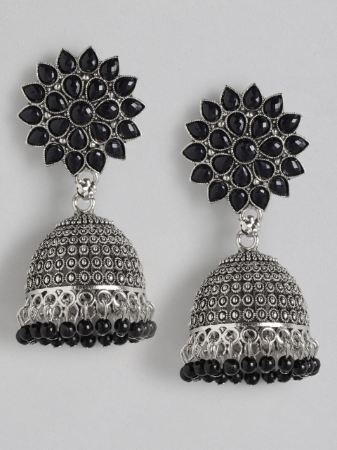 

Anouk Black Oxidised Silver-Plated Stone-Studded & Beaded Dome Shaped Jhumkas