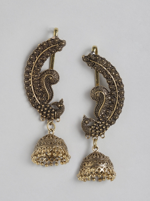

Anouk Antique Gold-Plated Dome Shaped Jhumkas with Ear Cuff Detail
