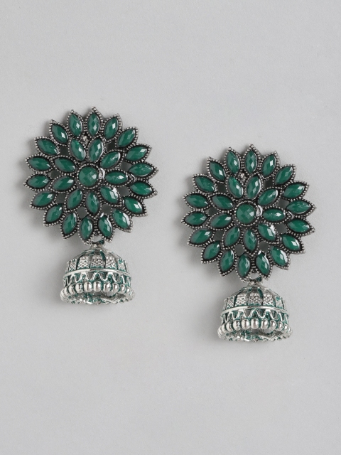

Anouk Green Oxidised Silver Plated Stone-Studded Floral Drop Earrings
