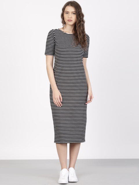 

ether Women Black & White Striped Bodycon Midi Dress