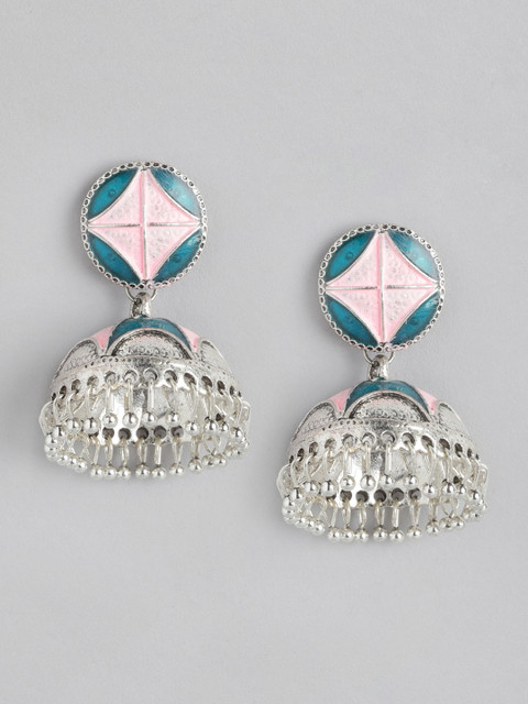 

Anouk Pink & Green Silver-Plated Enamelled Dome Shaped Jhumkas