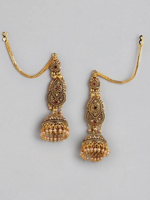 

Anouk Gold-Plated Stone-Studded & Beaded Dome Shaped Drop Earrings with Chain