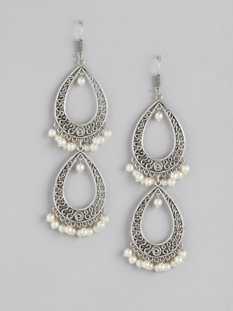 

Anouk Off-White Oxidised Silver-Plated Beaded Teardrop Shaped Drop Earrings