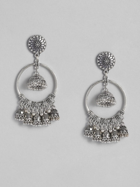 

Anouk Blue Oxidised Silver-Plated Textured Floral Shaped Jhumkas