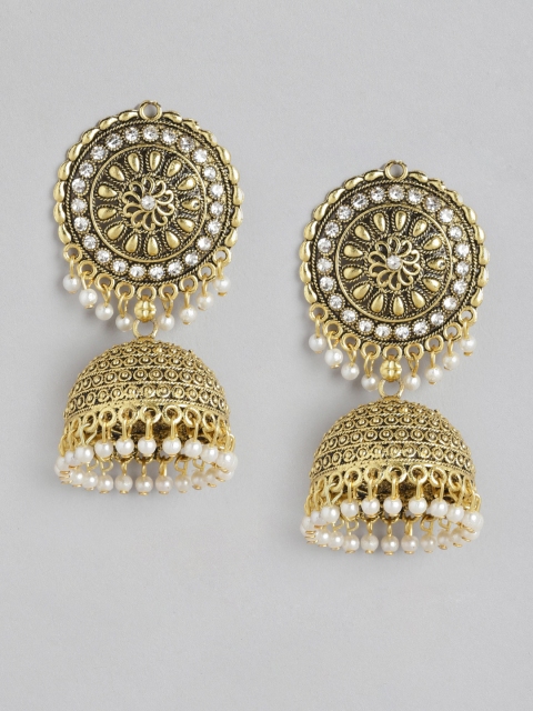 

Anouk White Antique Gold-Plated Stone Studded & Beaded Dome Shaped Jhumkas