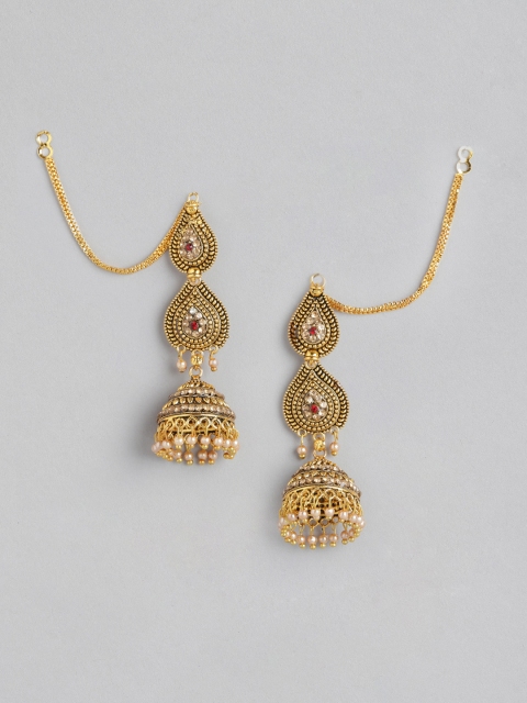 

Anouk Antique Gold-Plated Stone Studded & Beaded Jhumkas with Attached Ear Chain