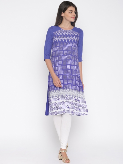Global Desi Women Blue Printed A-Line Kurta available at myntra for Rs.679