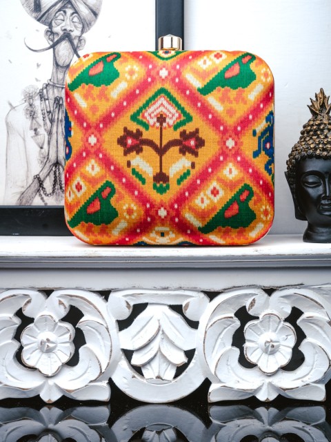 

NR By Nidhi Rathi Orange & Green Printed Box Clutch