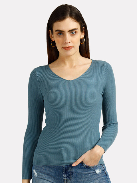 

iki chic Women Blue Ribbed Pullover