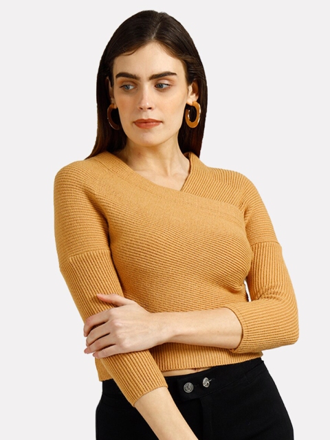 

iki chic Women Khaki Ribbed Wrap Off Crop Pullover