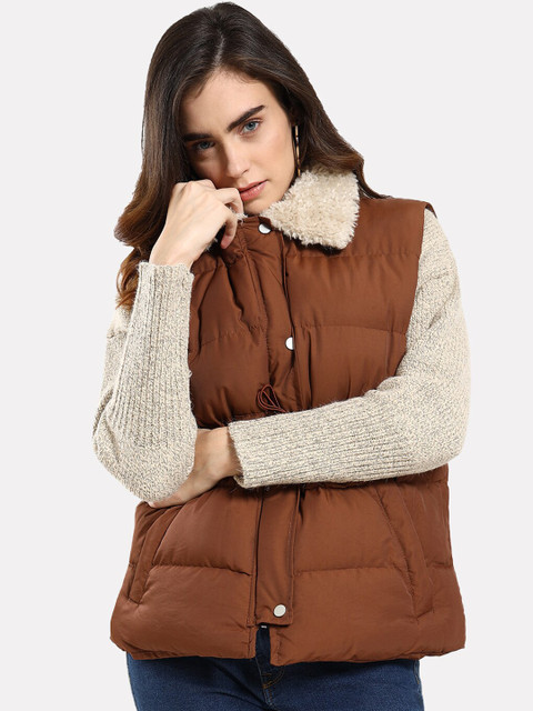 

iki chic Women Brown Solid Sleeveless Regular Puffer Jacket