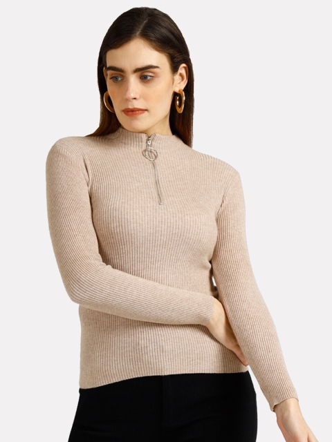 

iki chic Women Beige Pullover with Zip Detail