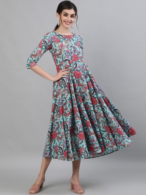 

GULMOHAR JAIPUR Blue & Pink Floral Midi Dress