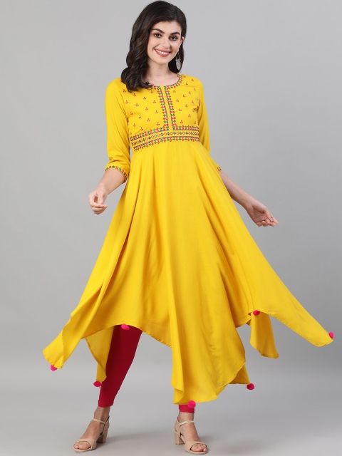 

GULMOHAR JAIPUR Women Yellow Geometric Embroidered Thread Work Anarkali Kurta