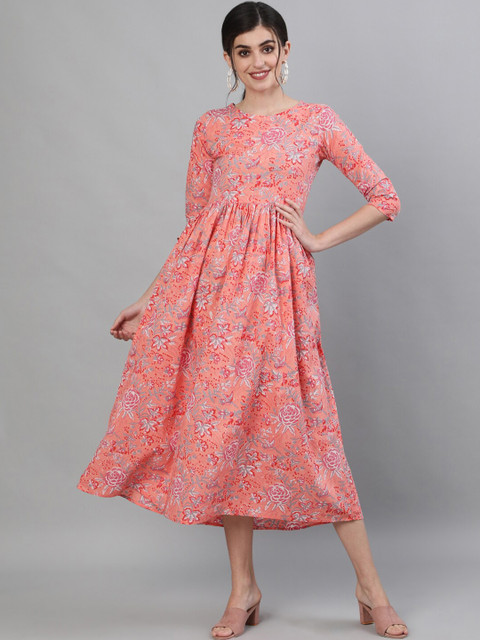 

GULMOHAR JAIPUR Peach-Coloured Floral Midi Dress