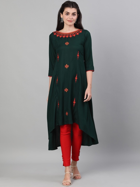 

GULMOHAR JAIPUR Women Green Ethnic Motifs Embroidered Thread Work Kurta