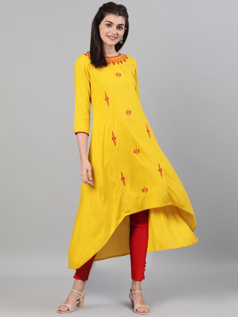 

GULMOHAR JAIPUR Women Yellow Geometric Embroidered Thread Work Kurta
