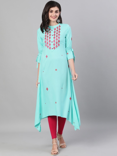 

GULMOHAR JAIPUR Women Turquoise Blue Geometric Embroidered Thread Work Kurta