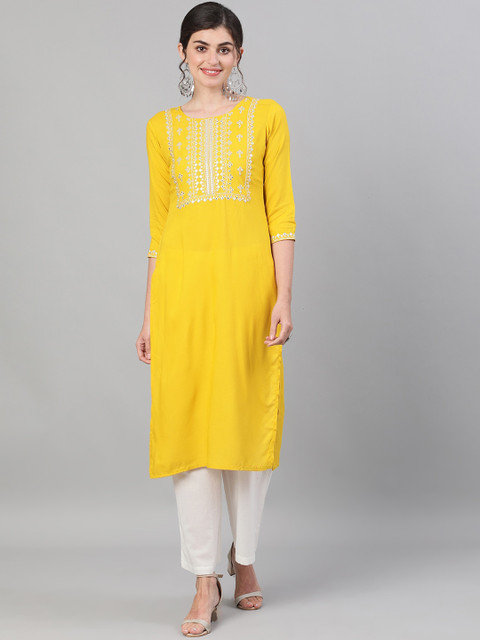 

GULMOHAR JAIPUR Women Yellow Geometric Yoke Design Mirror Work Kurta