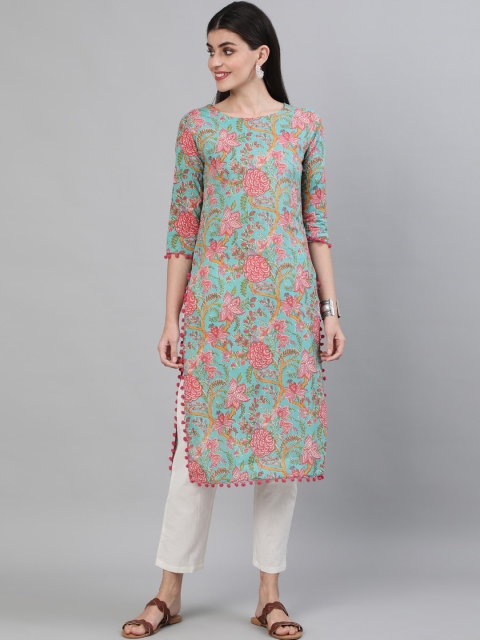 

GULMOHAR JAIPUR Women Green & Pink Floral Printed Floral Kurta