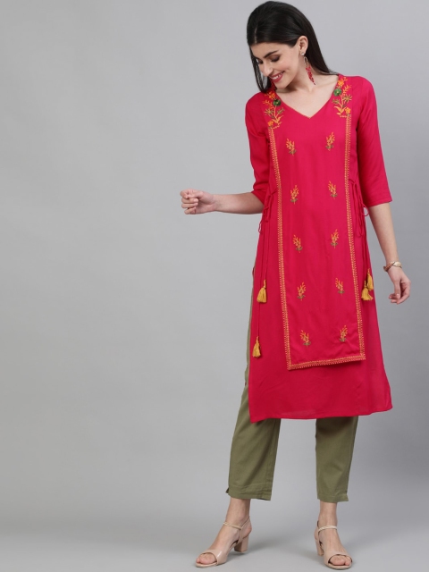 

GULMOHAR JAIPUR Women Pink & Green Floral Embroidered Thread Work Straight Kurta
