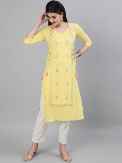 

GULMOHAR JAIPUR Women Yellow & Blue Embroidered Kurta