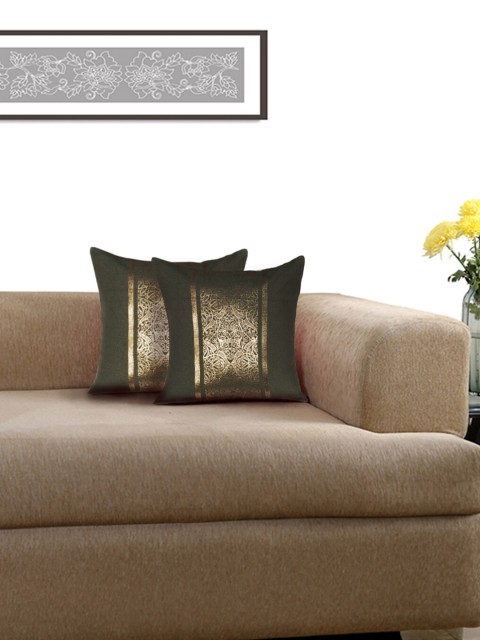 

Lushomes Green & Gold-Toned Set of 2 Ethnic Motifs Square Cushion Covers