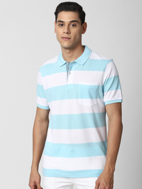 

Peter England Casuals Men & White Blue Striped Polo Collar T-shirt