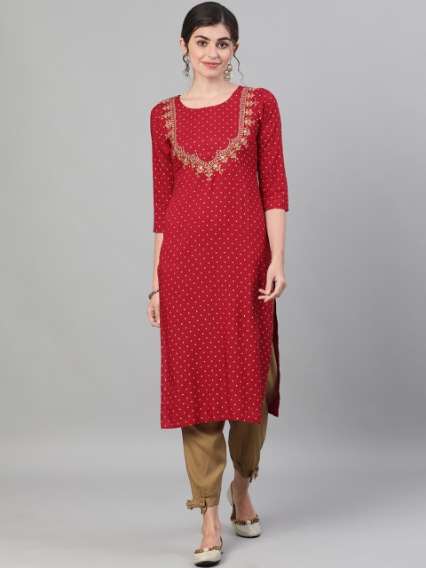 

GULMOHAR JAIPUR Women Maroon Printed Regular Thread Work Kurta with Trousers