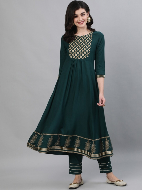 

GULMOHAR JAIPUR Women Green Ethnic Motifs Yoke Design Empire Kurti with Trouser