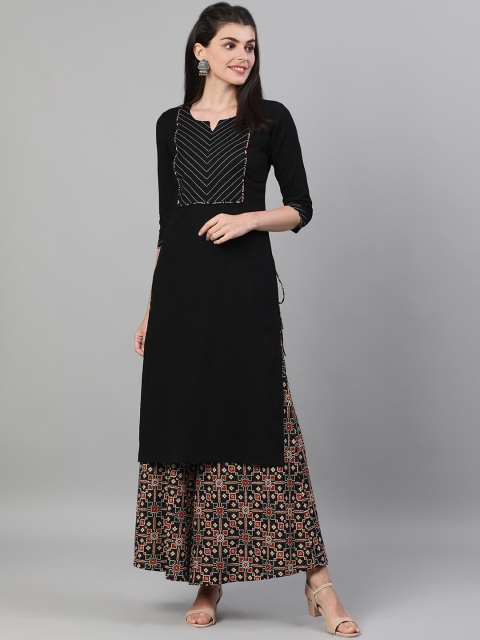 

GULMOHAR JAIPUR Women Black Ethnic Motifs Yoke Design Regular Pure Cotton Kurta with Palazzos