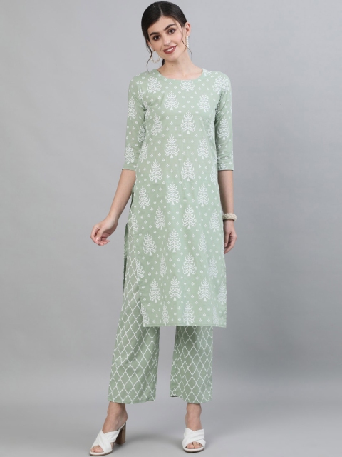 

GULMOHAR JAIPUR Women Green Floral Printed Regular Pure Cotton Kurti with Trousers