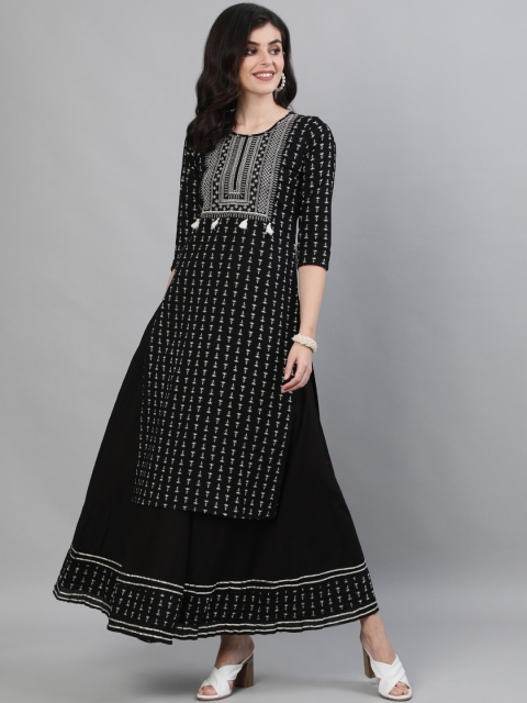 

GULMOHAR JAIPUR Women Black Printed Layered Pure Cotton Kurta with Skirt