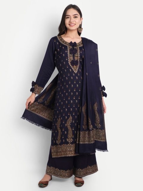 

HK colours of fashion Navy Blue & Brown Woven Design Unstitched Dress Material