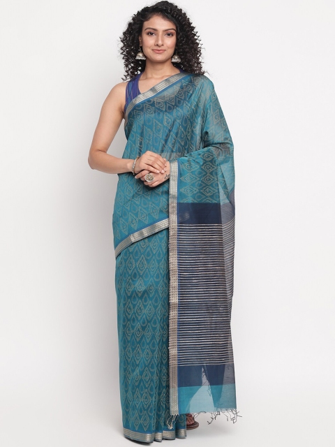 

Fabindia Blue & Gold-Toned Maheshwari Block Print Saree