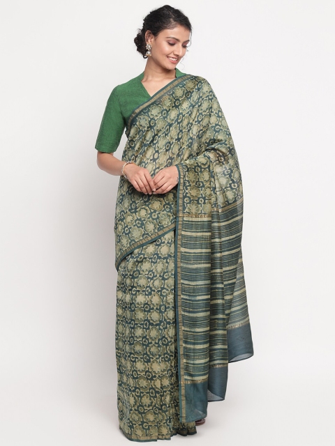 

Fabindia Navy Blue & Olive Green Zari Block Print Saree