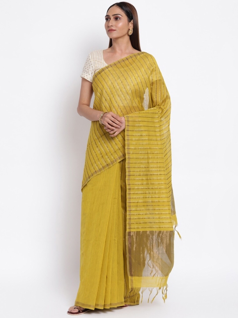 

Fabindia Lime Green & Gold-Toned Striped Pure Cotton Saree