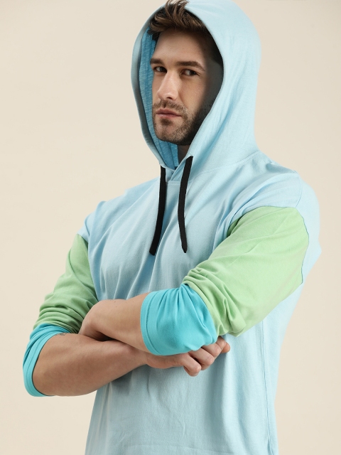 

Moda Rapido Men Blue Solid Drop-Shoulder Sleeves Pure Cotton Hooded T-shirt