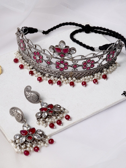 

TEEJH Silver-Plated Red & White Stone-Studded & Pearl Beaded Oxidised Jewellery Set