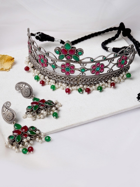 

TEEJH Oxidised Silver-Plated Pink & Green Stone-Studded Pearl Beaded Jewellery Set