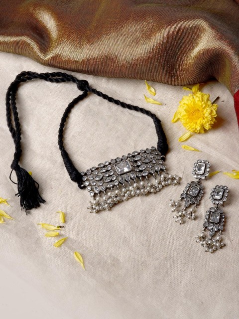 

TEEJH Silver-Plated Harshala Oxidised Choker Necklace Set