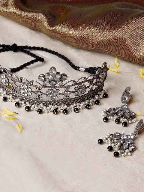 

TEEJH Silver-Plated Black Stone-Studded Pearl Beaded Oxidised Jewellery Set