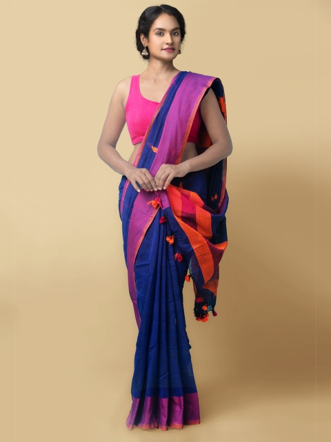 

Unnati Silks Blue & Orange Pure Linen Jamdani Saree