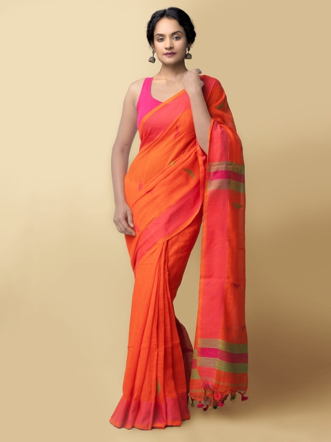 

Unnati Silks Orange & Magenta Woven Design Pure Linen Jamdani Saree